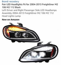 Pair LED Headlights Fit for 2004-2013 Freightliner M2 106 M2 112 Black Left Driver and Right Passenger Side LED Headlamps Assembly 2004-2013 Freightli