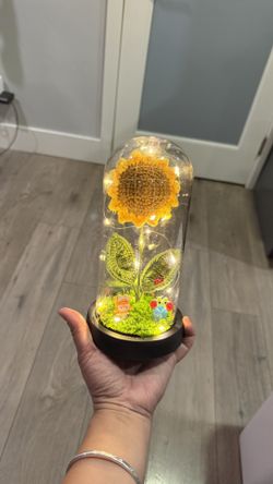 🧶Handmade Crochet Artificial Sunflower Decor Glass Dome LED 
