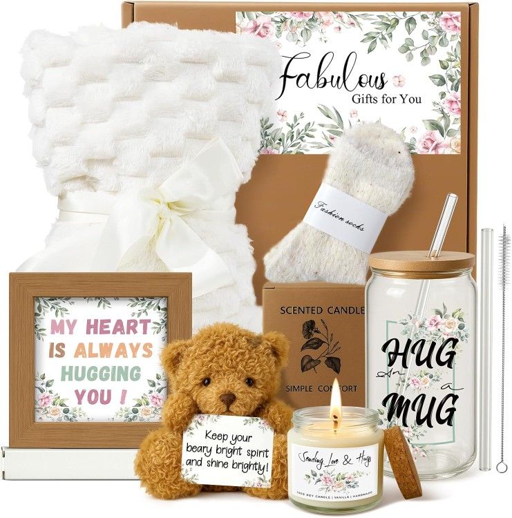 Gift Set Blanket Picture Frame Hug Mug Tumbler Straw Scented candle socks Stuffed Bear