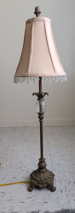 Vintage Tall Brass & Crystal Buffet Lamp w/ Beaded Fringe Shade