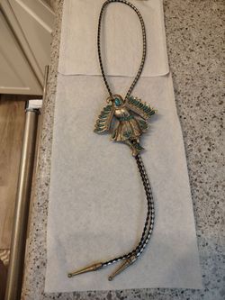 Vintage Southwestern Faux Turquoise Silvertone Eagle Dancer Bolo Tie