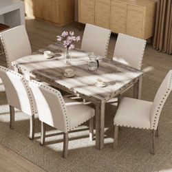 Log Rural Style Dining Table Set Dining Table and Chair Set with a Combination of Linen and Solid Wood