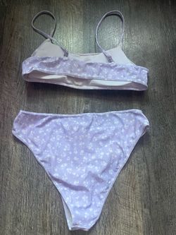 Purple floral two piece bathing suit