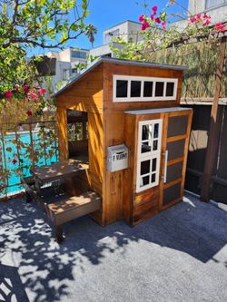 Wooden Kids Outdoor Playhouse with Attached Picnic Table