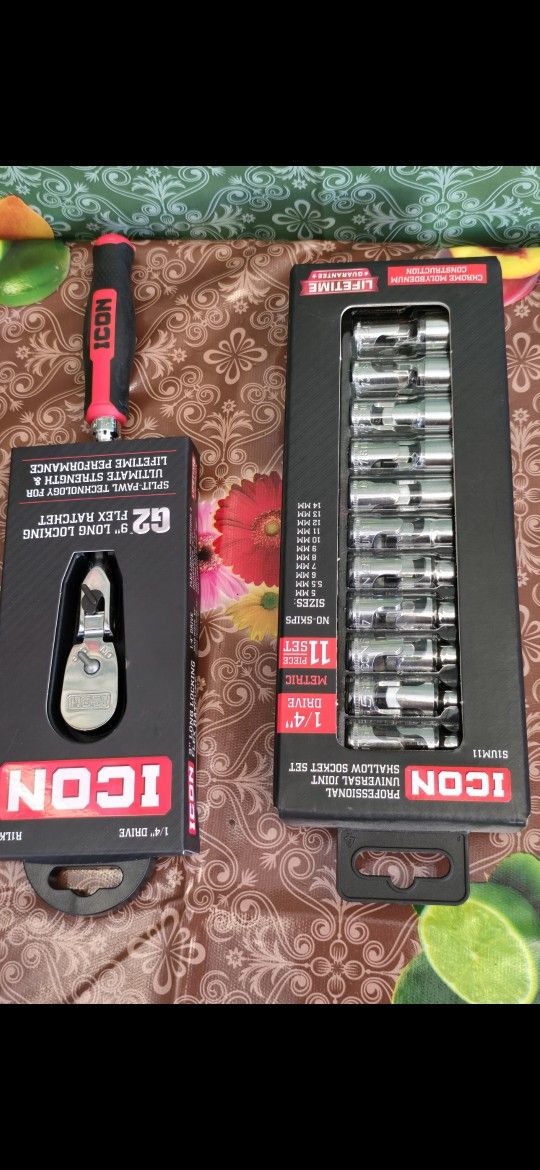 ICON 1/4 in. Drive Metric Professional Universal Joint Shallow Socket Set, 11-Piece
With G2 1/4 in 9 in long locking Flex ratchet with conform gr