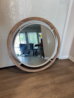 Round Wood and Metal Frame Wall Mirror