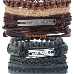 2 x Set Adjust. Size up to 9.5inc Leather Bracelet, (Will/Way-I__Jesus)