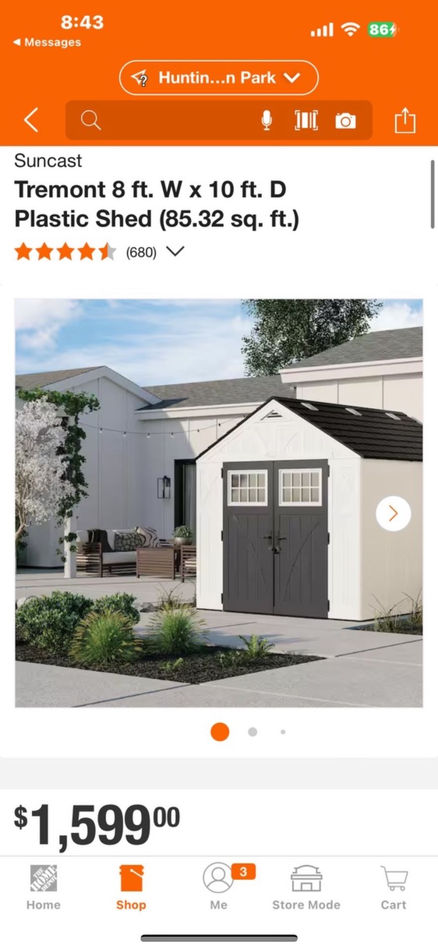 Suncast Tremont 8 ft. W x 10 ft. D Plastic Shed