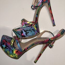 Steve Madden Dillards Macys Shoes Heels Sandals Stiletto 8 Python Spring Multi Color Rainbow Pink Snake Animal Mall Shopping New