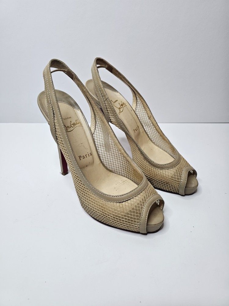 Christian Louboutin Nude Fishnet Canne A Peche Slingback Sandal Platform Size 39