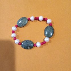 8 inch Genuine Pearl & Jade Stone  & Red Beads