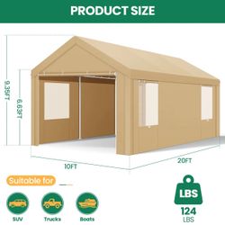 Carport 10'x20' Large Heavy Duty Car Outdoor Canopy Tent with Powder-Coated Steel Frame, Portable Garage with Removable Sidewalls & Doors, Car Canopy 