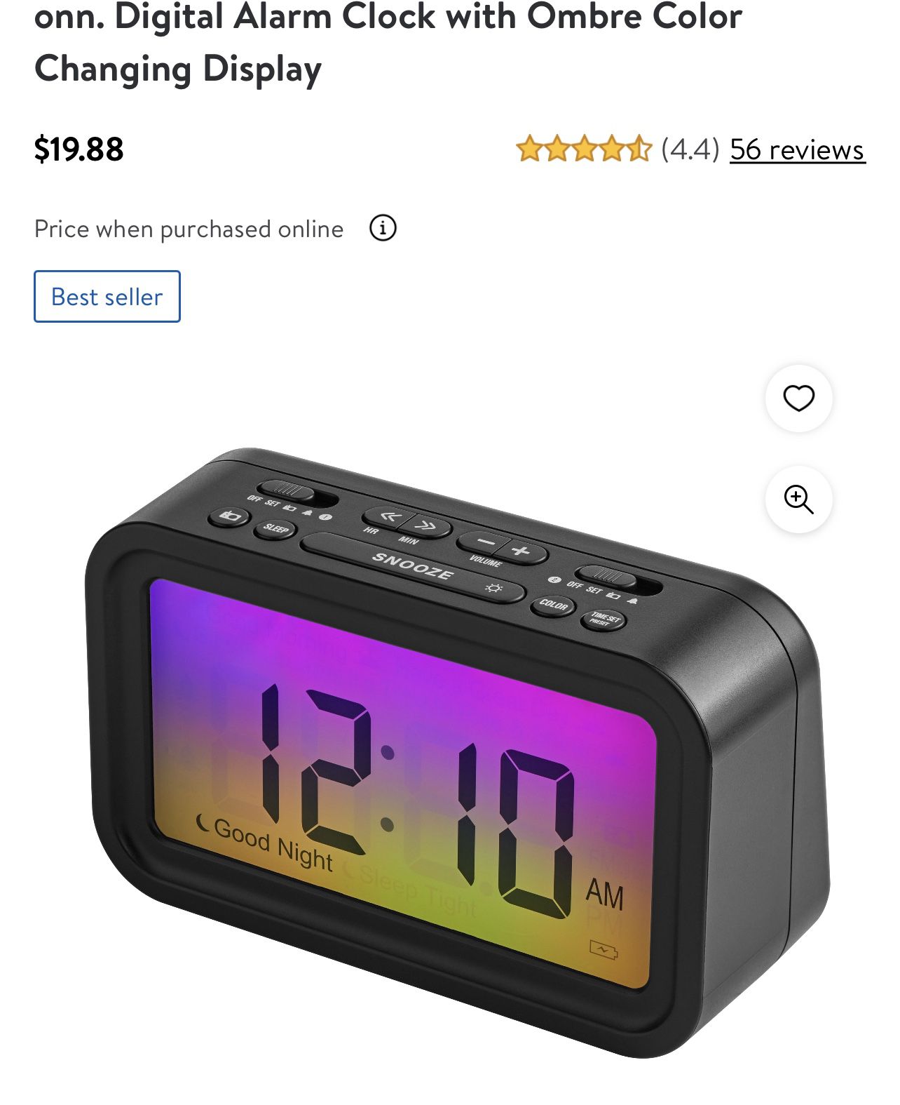 onn. Digital Alarm Clock with Ombre Color Changing Display