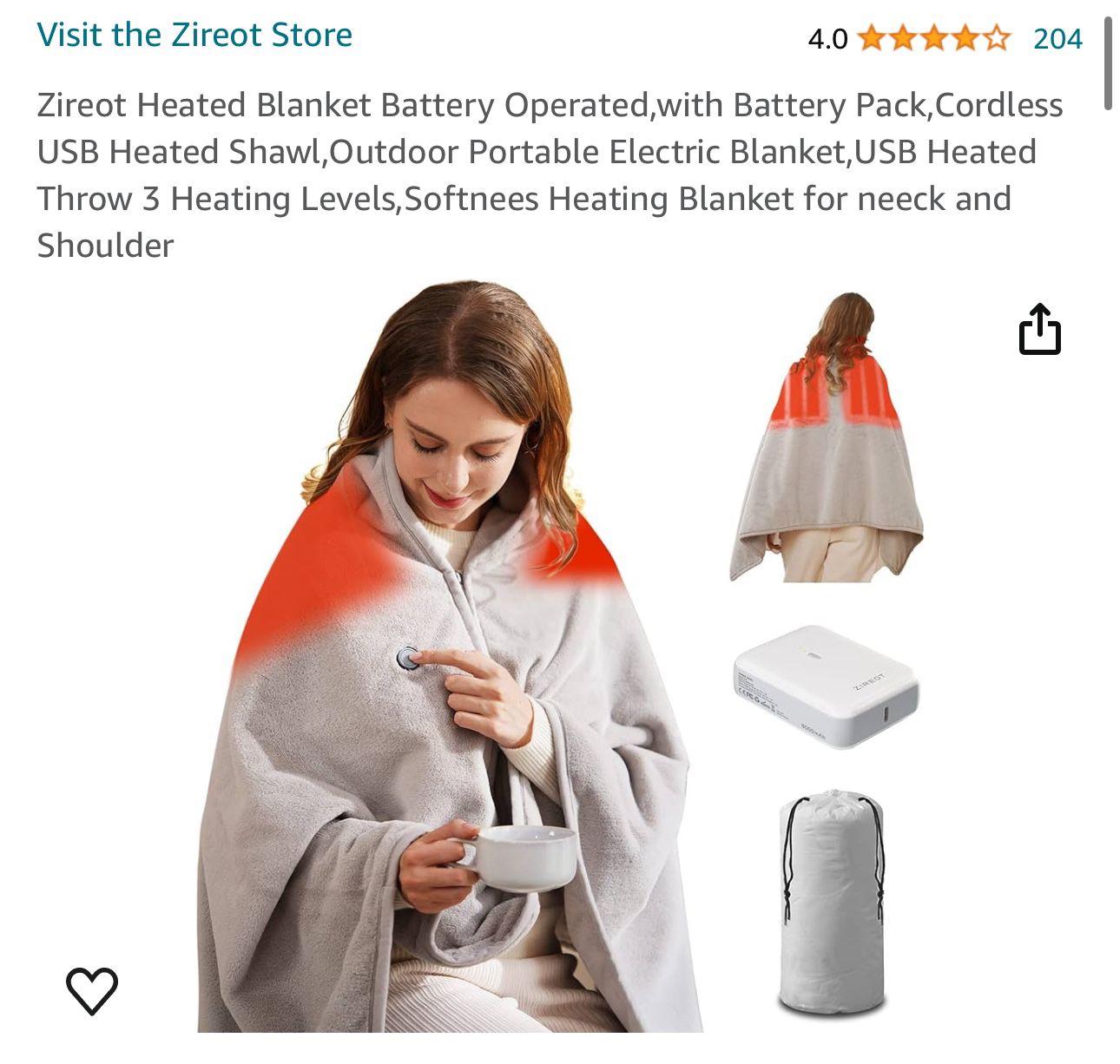 Zireot Heated Blanket Battery Operated, with Battery Pack, Cordless USB Heated Shawl,Outdoor Portable Electric Blanket, USB Heated Throw 3 Heating Lev