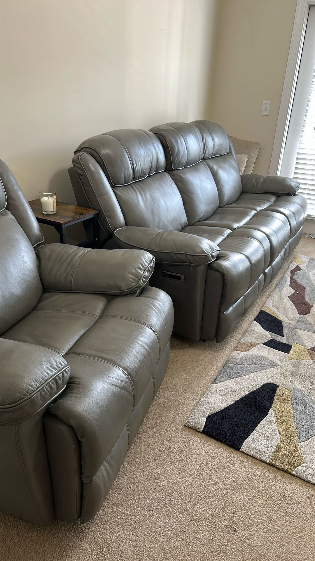 Parker House Soft Gray Leather Dual Reclining Couch And Recliner.