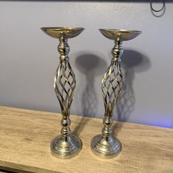 Set A Two Silver Tall Candleholders