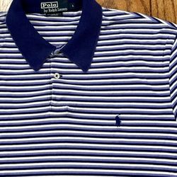 ☂️ Navy Purple Striped Blue PONY Mens LARGE Ralph Lauren POLO Short Sleeve Collared Vintage Golf Dress Shirt