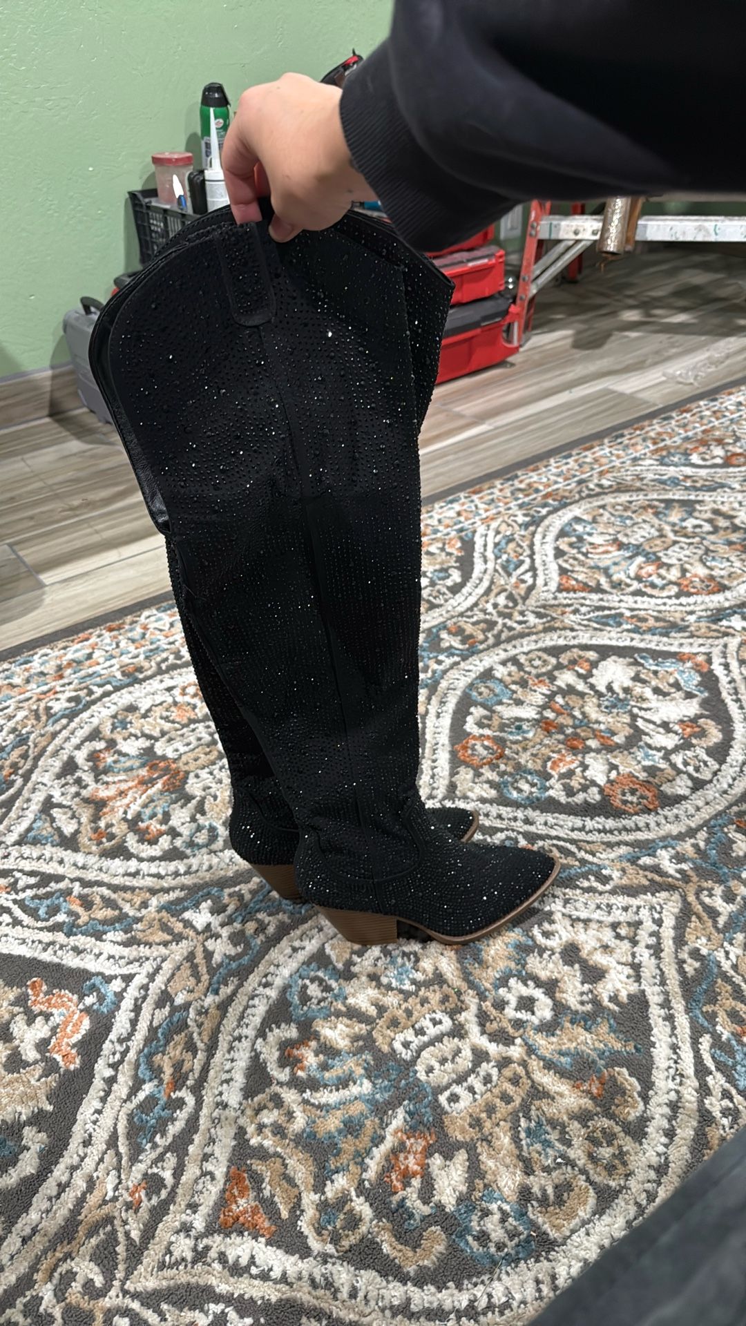 Slightly Over The Knees Black Bedazzled Cowgirl Boots  