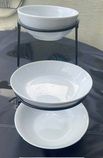 3-Tier White Ceramic Serving Bowl Set with Black Metal Stand – $20
