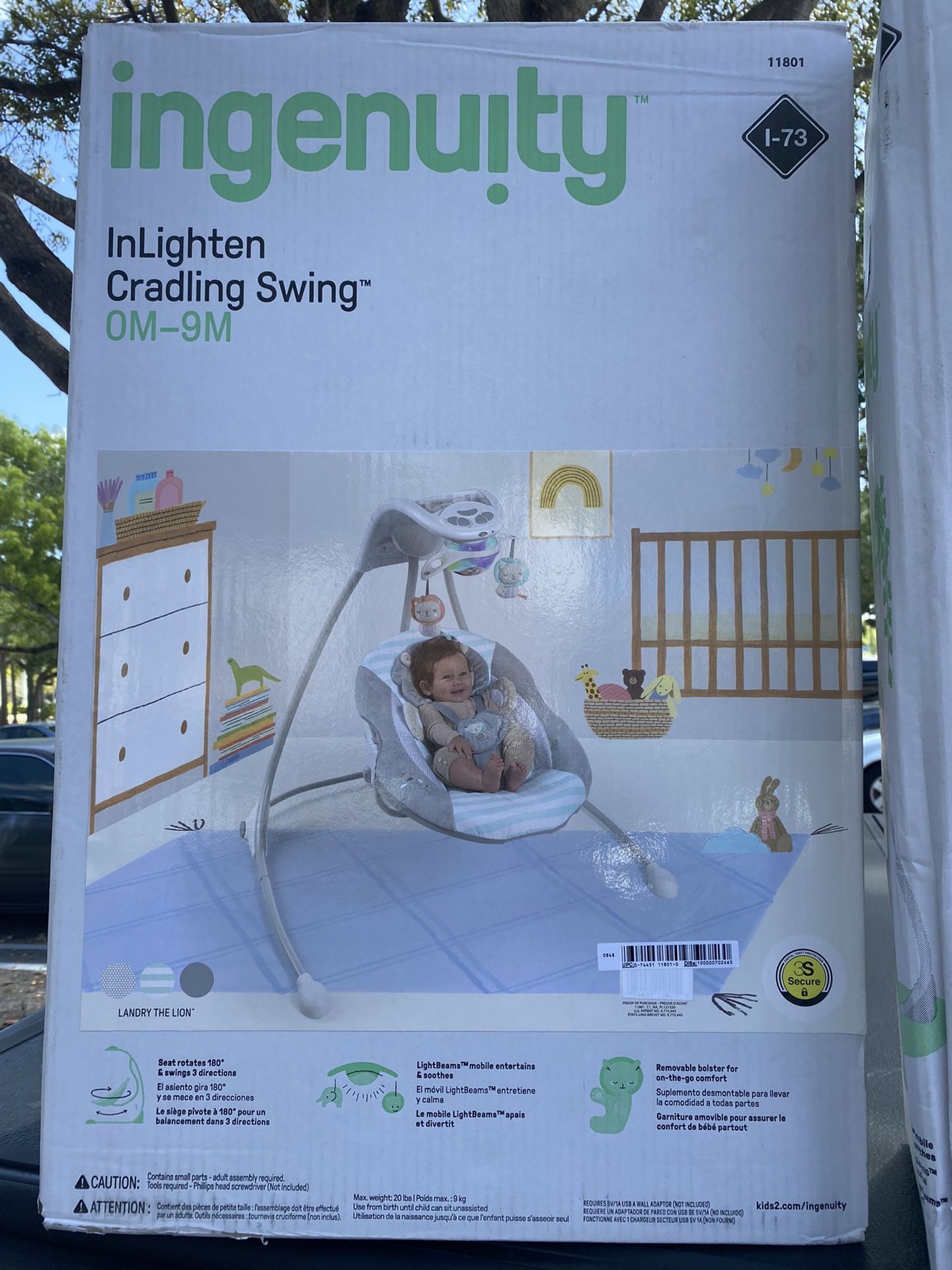 Ingenuity InLighten Baby Swing, Easy-Fold Frame, Swivel Infant Seat, Lights - Landry the Lion (Unisex)