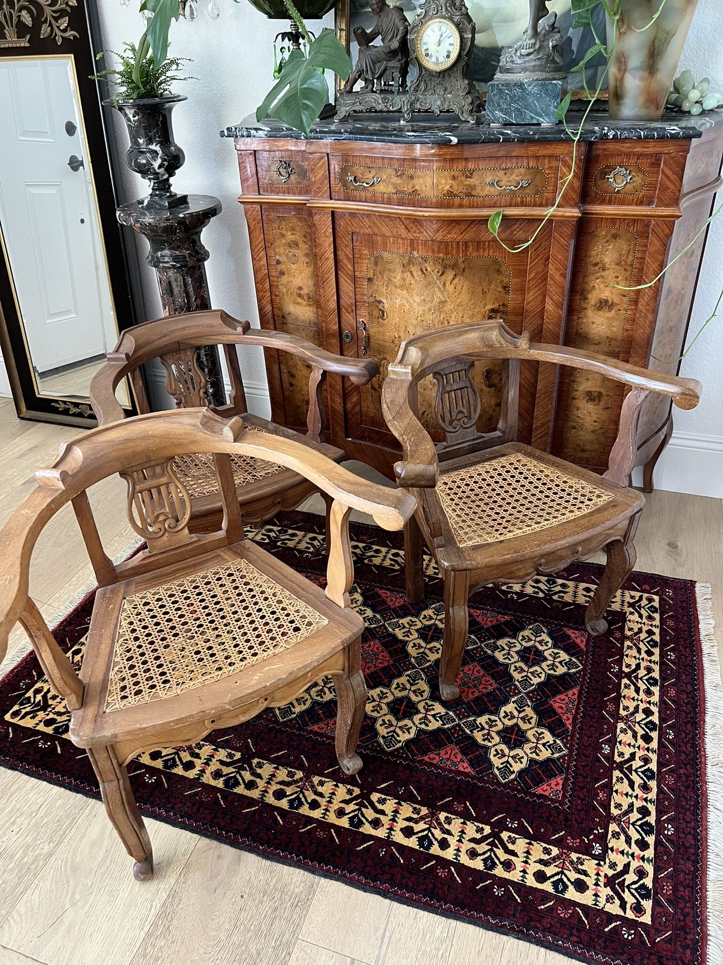 Set Of 3 Hand Carved Guatemalan Colonial 1940 Wood Cane chairs