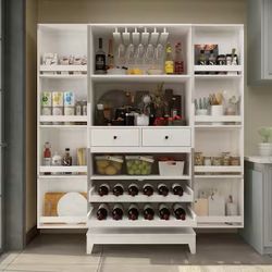 White Painted Wood 31.5 in. W Food Pantry Cabinet With Double Doors, Pull-out Wine Rack, Drawers, Anti-dumping device