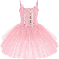AFAVOM Toddler Kid Girls Sequins Fringes Camisole Ballet Dance Dress Glitter Feather Tutu Skirted Leotard Ballerina Dancewear