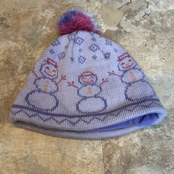 LL Bean Girls 2T-4T Pale Purple Snowman Knit Cap Fleece Lined W/Pom-Pom
