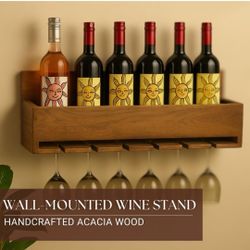 Handcrafted Acacia Wood Wall-Mounted Wine Stand with Glass Holder Contemporary Design, Holds 6-7 Bottles and 6 Inverted Wine Glasses Elegant Storage S