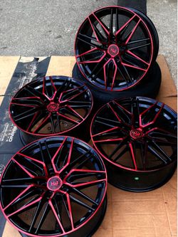(SALE) 4 NEW 18x8J” HJ Hemi Racing Red/Black Wheels