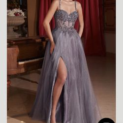 Lace Embellished A-Line Prom Gown with Sheer Bodice & Leg Slit 14 / ENGLISH VIOLET