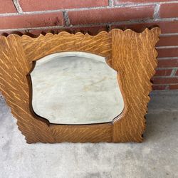 Antique Large Oak Beveled Mirror With Easel Back