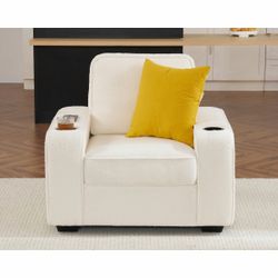 Deep Seat Sofa Chair with USB Ports, Cup Holders, Off-White Bouclé USB Ports with Quick Charge 3.0,Built-In Cup Holders,23" Deep Seat Comfort