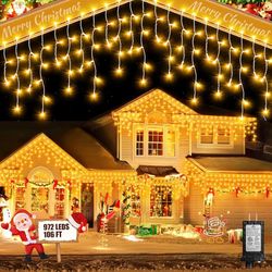 106 FT Christmas Lights Outdoor, 972 LED Waterproof Outside Christmas Lights Plug in, Connectable 8 Modes Hanging Fairy Lights with 216 Drops for Hous