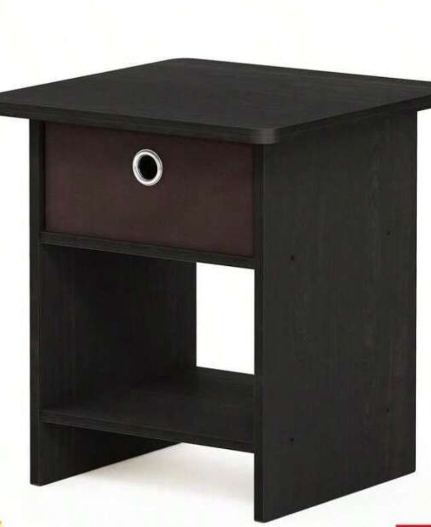Set of 2 End Table Side Table Storage Shelf With Bin Drawer Black Espresso Brown Living Room Compact