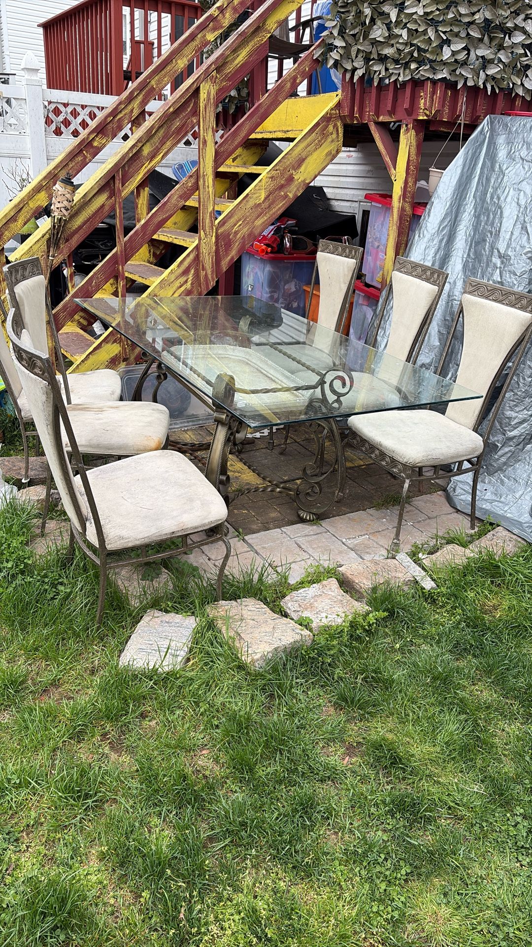 Heavy Italian-Style Wrought Iron Glass Dining Table Set with 6 Chairs – 72” Long
