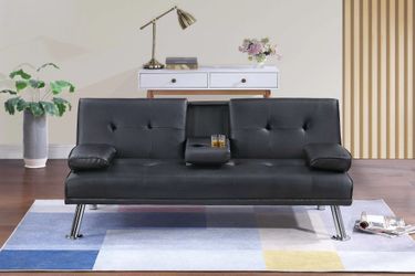 🥊 Black faux Leather, Sofa Futon Bed with Fold Down Cup Holder, New in the Box.