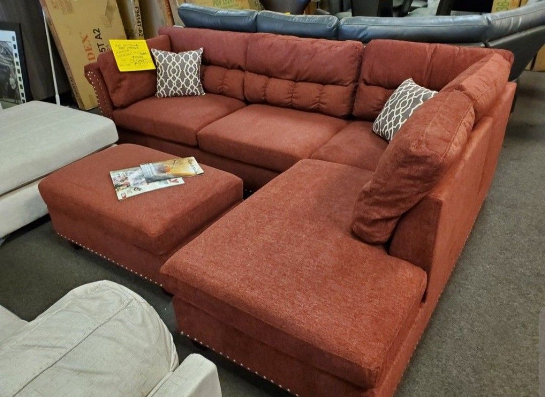 Brand New Red Velvet Like Sectional Sofa Couch +Storage Ottoman