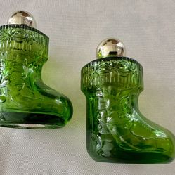 Vintage Avon "Christmas Surprise" green holiday stocking shaped glass bottle Moonwind cologne $12 each $20 both 
