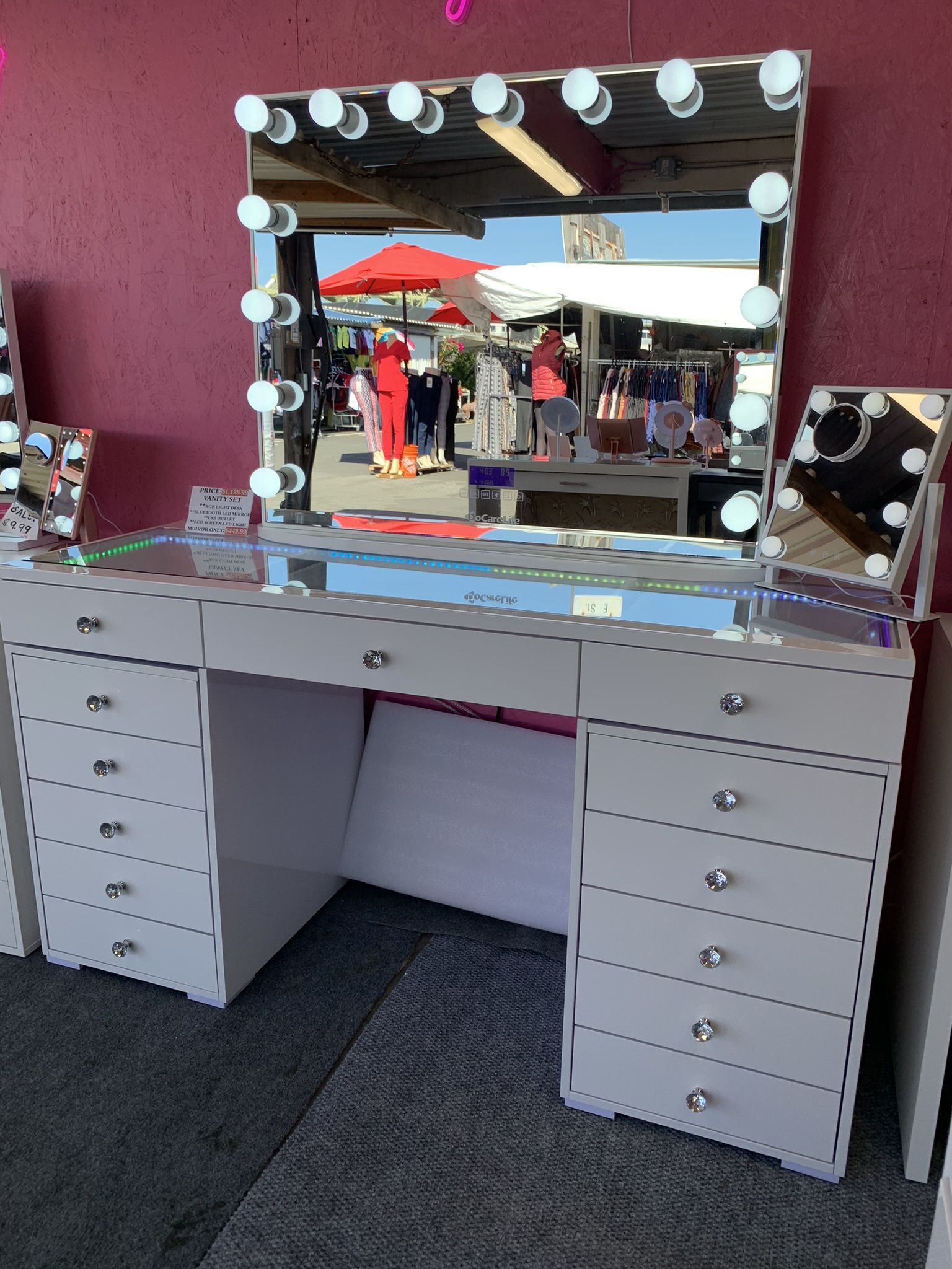 Large Vanity Desk With Bluetooth Mirror.