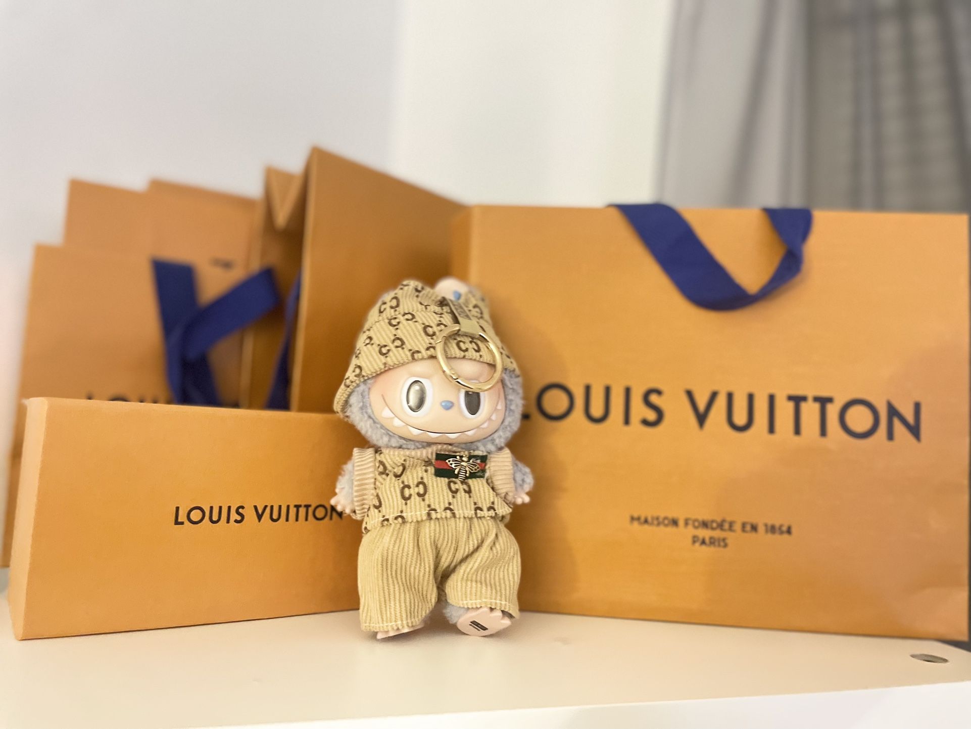 Baby blue, Real authentic labubu, Dressed in gucci (clothes come with.)