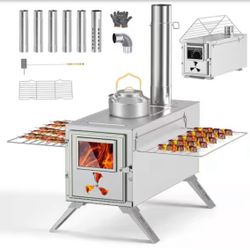 Camping Tent Stove Portable Wood Burning Stove with Window, 7 Chimney Pipe Folding Hot Tent Stove for Outdoor Camping