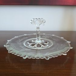 Clear Pressed Glass Serving Tray with Center Handle and Etched Floral Design by Paden City Glass Company