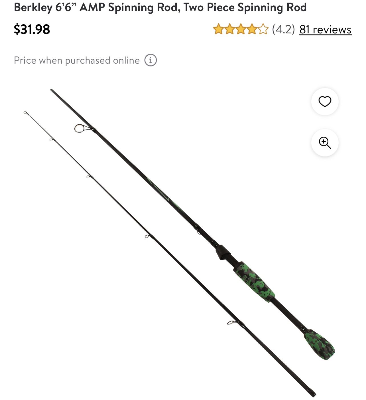 Berkley 6'6” AMP Spinning Rod, Two Piece Spinning Rod for Sale in