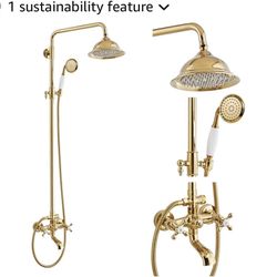 gotonovo Exposed Shower System with Spout,Polished Gold,No Shower Shelf Brass Shower Faucet Set,8’’ Rain Head with Handheld Spray,Swivel Tub Spout