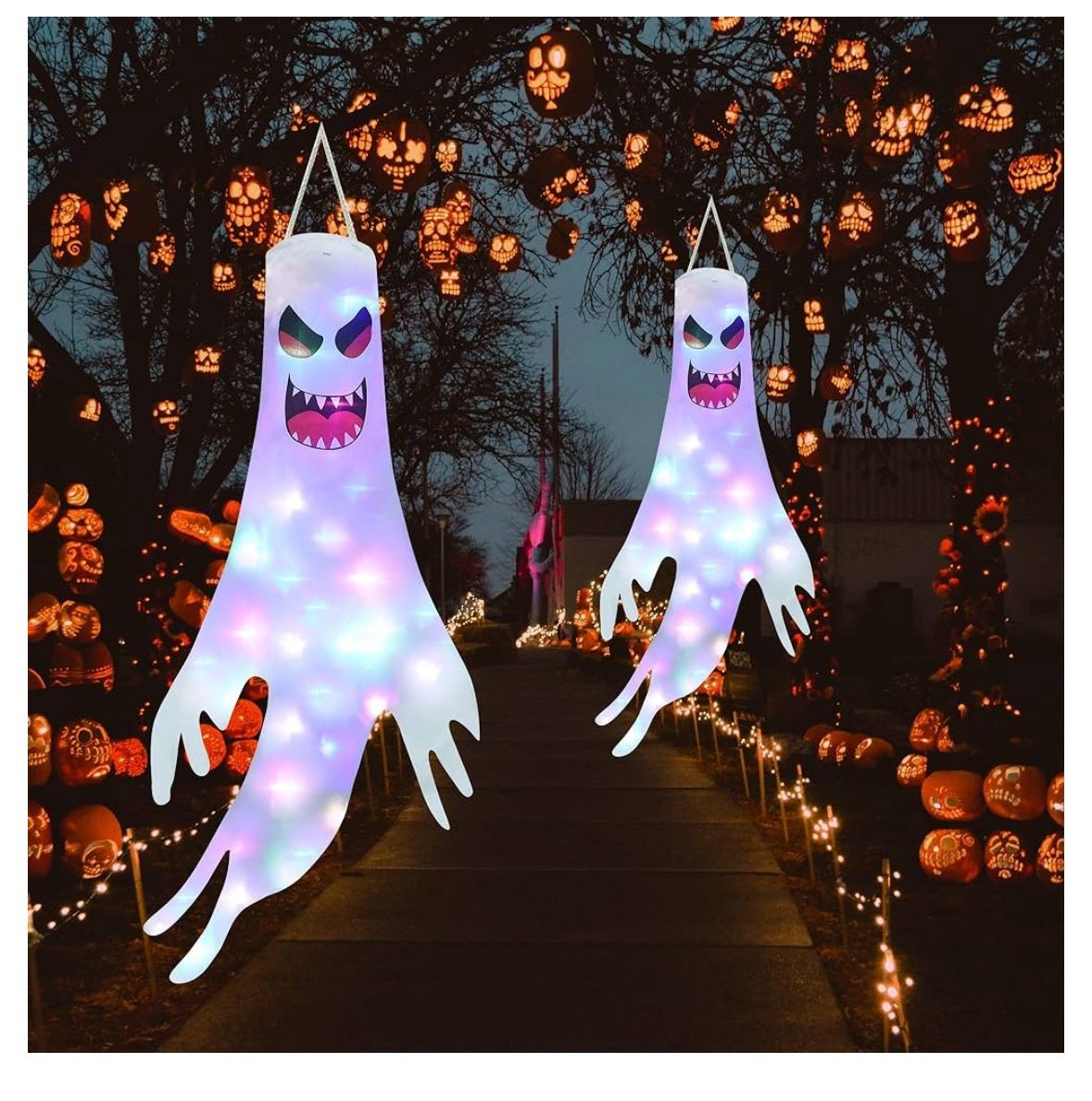 Pack of 2, Halloween Ghost Windsocks 47” with Colorful Fairy Lights