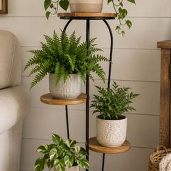 Wood And Black Metal Multi-tier Plant Stand