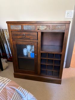 Rustic Mahogany Wine Bar Cabinet, Slate Tile Inlay, 12-Bottle Rack, Good
