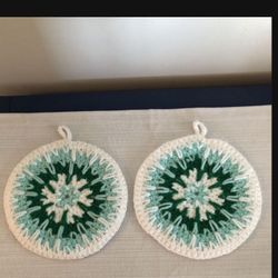 Beautiful Greens/white Boho Crochet Potholders