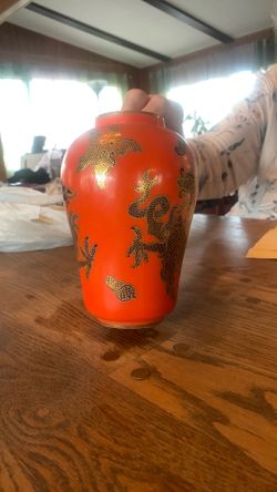 Orange  Vase with Dragons 7” tall, 2” Opening  Mason’s Patent Ironstone China, England, #C1539